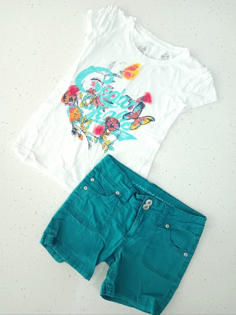 Girls' White Floral Short Sleeve Top And Dark Green Shorts Outfit Set Size 8